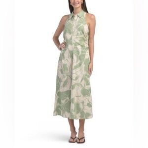 NWT London Times Green and Cream Floral Maxi Dress 8 Collar Shirt Button Front